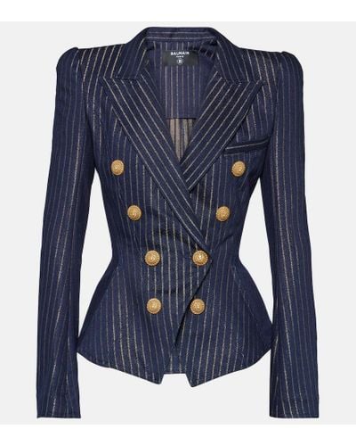 Balmain Lurex® Pinstripe Denim Blazer - Blue