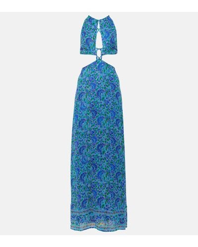 RIXO London Lenny Printed Cutout Maxi Dress - Blue