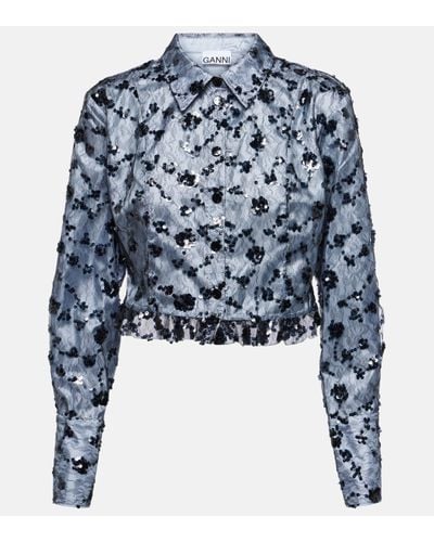 Ganni Sequined Lace Cropped Shirt - Blue