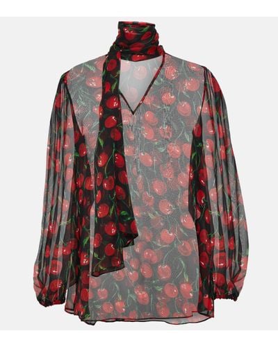 Dolce & Gabbana Cherry Tie-neck Silk Chiffon Blouse - Red