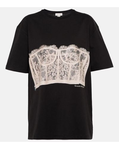 Alexander McQueen Camiseta de algodon con encaje - Negro