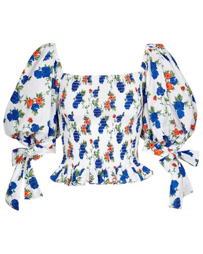 Caroline Constas Top Puff Sleeve Smocked en coton melange a fleurs - Bleu