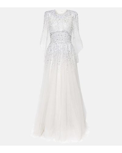 Jenny Packham Osha Embellished Caped Tulle Gown - White