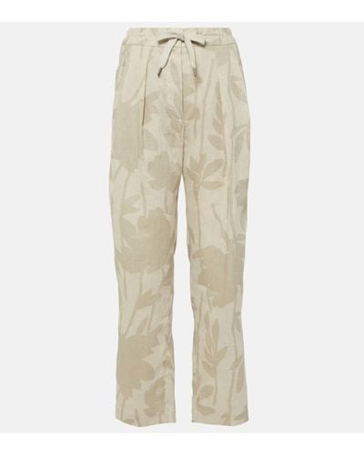Brunello Cucinelli Printed Linen Tapered Trousers - Natural
