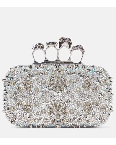 Alexander McQueen Four Ring Spiked Crystal-embellished Leather Clutch - Metallic