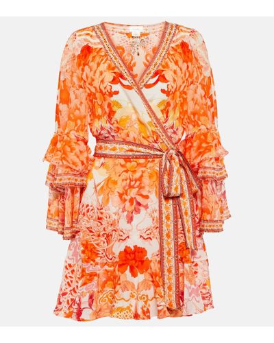 Camilla Vestido wrap de seda floral adornado - Naranja