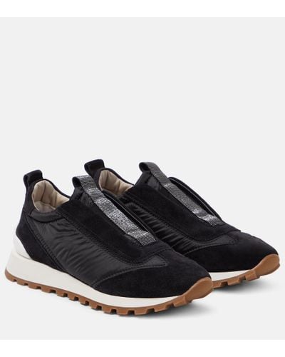 Brunello Cucinelli Embellished Suede-paneled Sneakers - Black