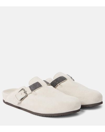 Brunello Cucinelli Embellished Suede Mules - White