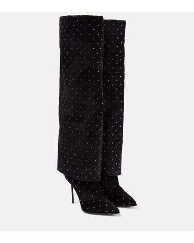 Balmain Ariel 95 Crystal-Embellished Suede Boots - Black