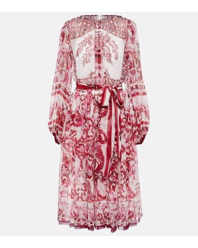 Dolce & Gabbana Majolica Silk Chiffon Midi Dress - Red
