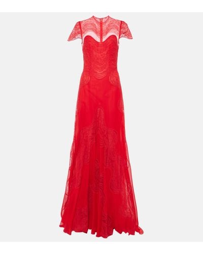 Costarellos Dante Lace-trimmed Silk Georgette Gown - Red