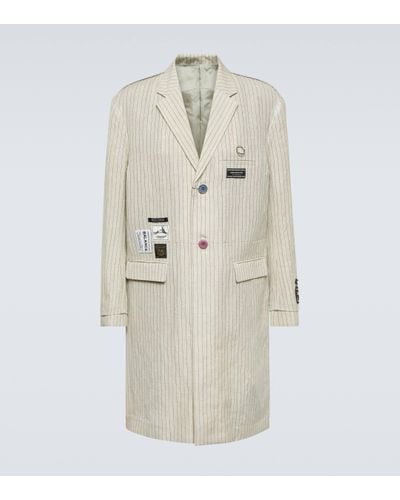 Undercover Applique Pinstripe Wool And Linen Coat - Natural