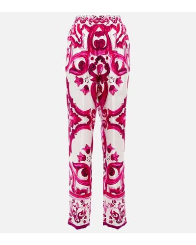 Dolce & Gabbana Pantalon droit imprime en soie - Rouge