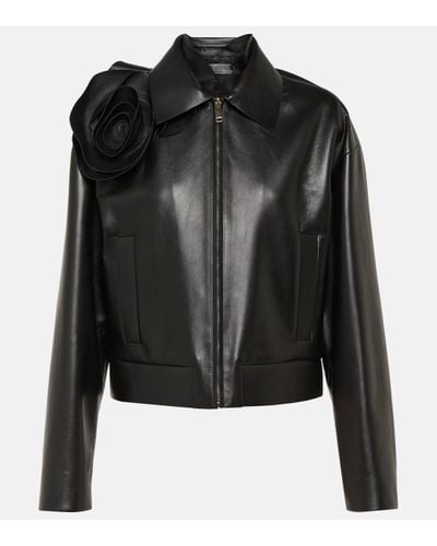 Valentino Floral-applique Leather Jacket - Black