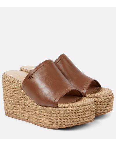 Gianvito Rossi Leather And Raffia Wedge Mules - Brown