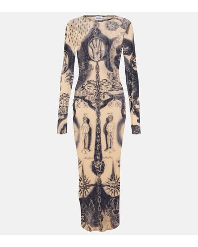 Jean Paul Gaultier Printed Heraldique Long Sleeve Crew Neck Dress - Natural