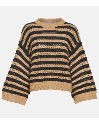 Brunello Cucinelli Pullover in lana, cashmere e seta a righe - Marrone