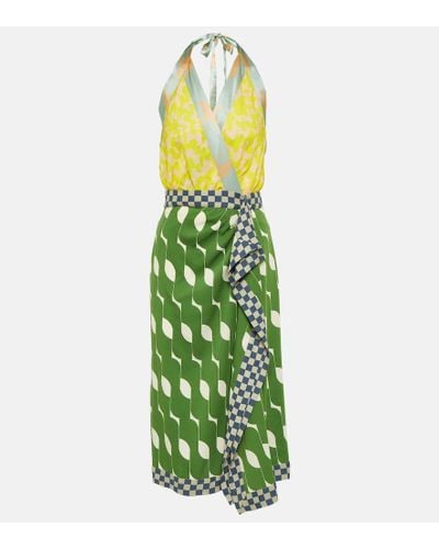 Dries Van Noten Abito midi in raso di misto seta con stampa - Verde