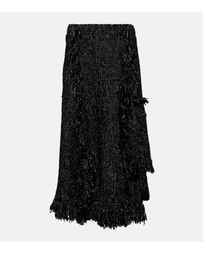 Sacai Fringed Flared Tweed Midi Skirt - Black