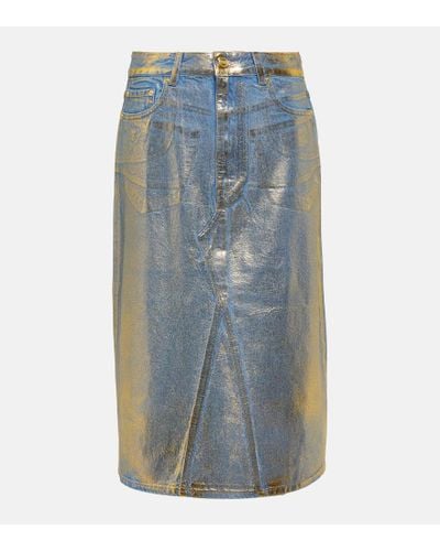 Ganni Gold-foiled Denim Midi Skirt - Blue