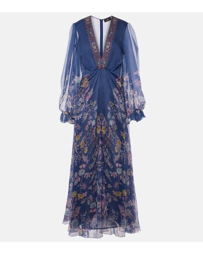 Etro Robe longue imprimee en soie - Bleu