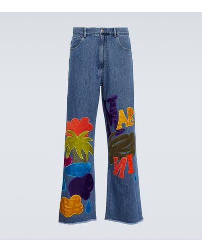 Marni X No Vacancy Inn Embroidered Cotton Chambray Trousers - Blue