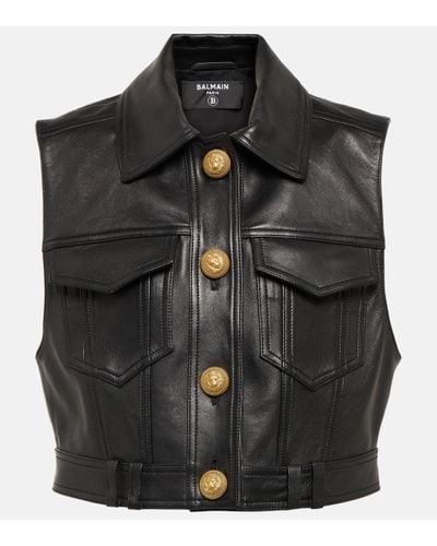 Balmain Cropped Leather Vest - Black