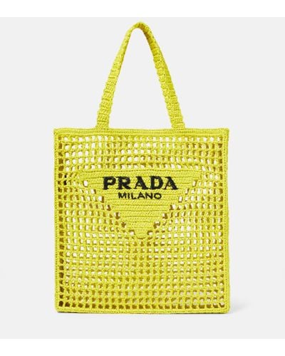 Prada Logo Raffia Tote Bag - Yellow