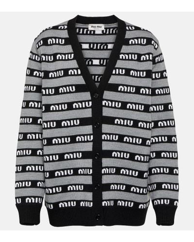 Miu Miu Cardigan in jaquard di lana con logo - Nero