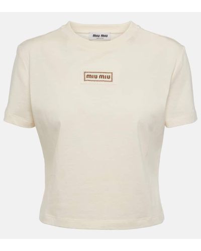 Miu Miu T-shirt cropped in jersey di cotone - Bianco