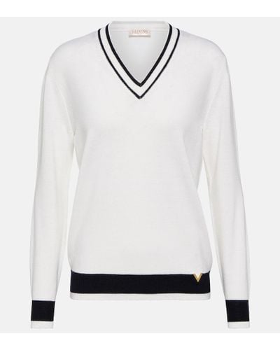 Valentino Jersey de lana con cuello en pico - Blanco