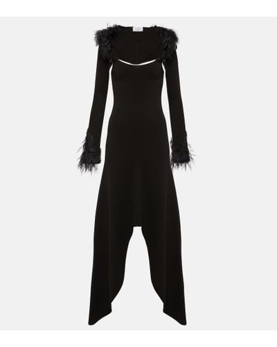The Attico Feather-trimmed Jersey Midi Dress - Black