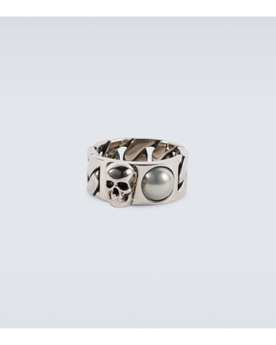 Alexander McQueen Pearl And Skull Chain Ring - Metallic