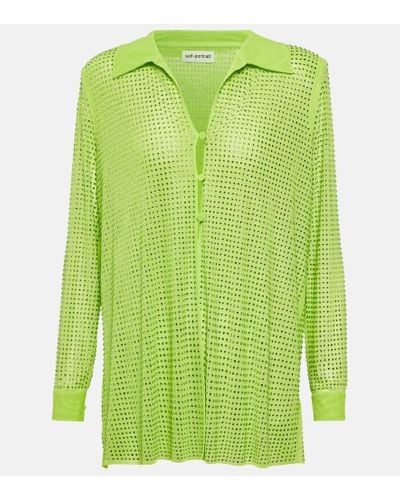 Self-Portrait Camicia in mesh con cristalli - Verde