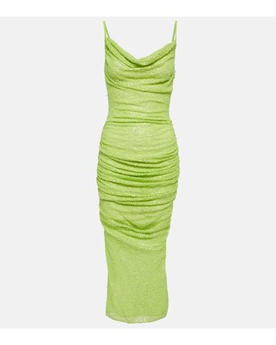 Self-Portrait Beaded Ruched Mesh Midi Dress - Green