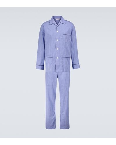 Derek Rose Ensemble de pyjama Felsted 3 en coton a carreaux - Bleu