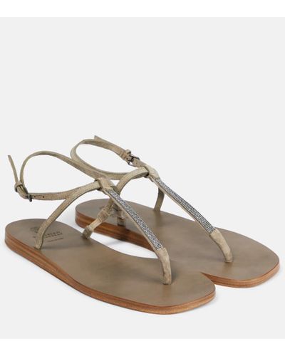 Brunello Cucinelli Embellished Suede Thong Sandals - Metallic