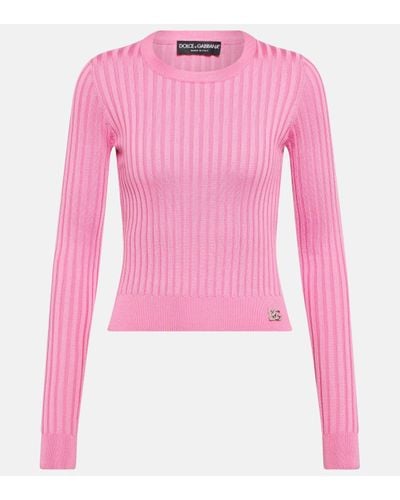 Dolce & Gabbana Dg Ribbed-knit Silk Cropped Jumper - Pink