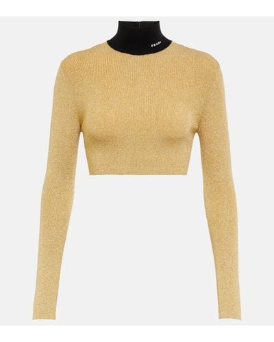 Prada Jersey de cuello alto cropped de lame - Amarillo