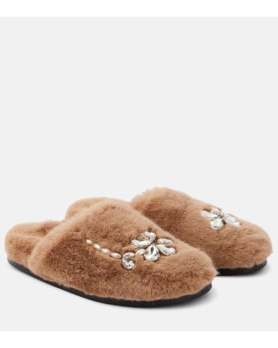 Simone Rocha Embellished Faux Fur Slippers - Brown