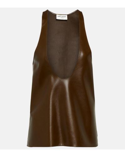 Saint Laurent Plunge-neck Leather Tank Top - Brown