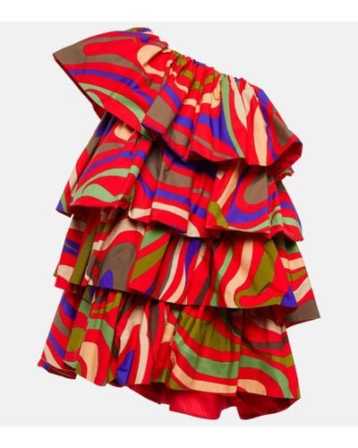 Emilio Pucci Vestido midi asimetrico de algodon con volantes - Rojo
