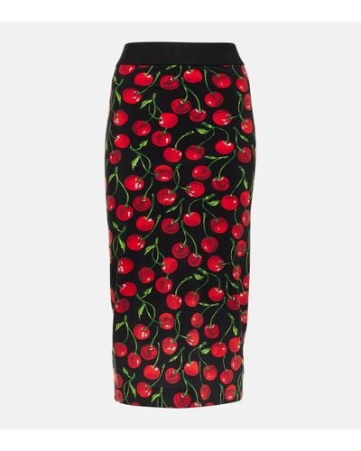 Dolce & Gabbana Technical Jersey Calf-length Skirt With Elasticated Band With Logo And Cherry Print - Red