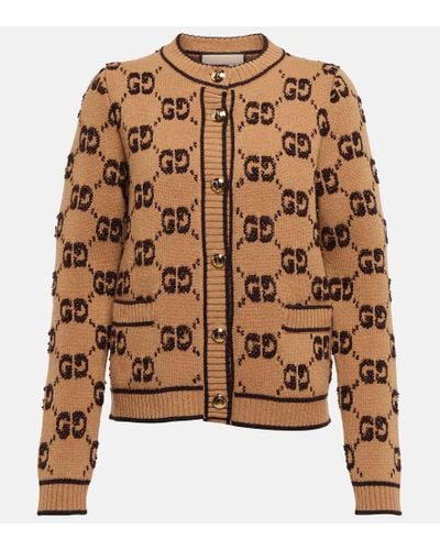 Gucci Cardigan in jacquard di lana GG - Marrone