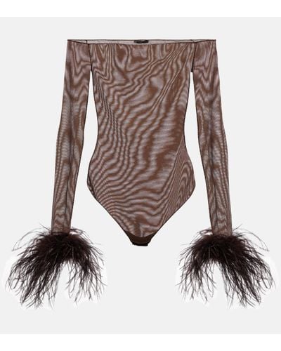 Oséree Feather-trimmed Mesh Bodysuit - Brown