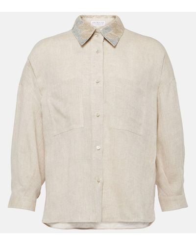 Brunello Cucinelli Verziertes Hemd aus Leinen - Weiß