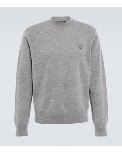 Acne Studios Wool Knit Crewneck Pullover With Face Brand On The Chest - Grey