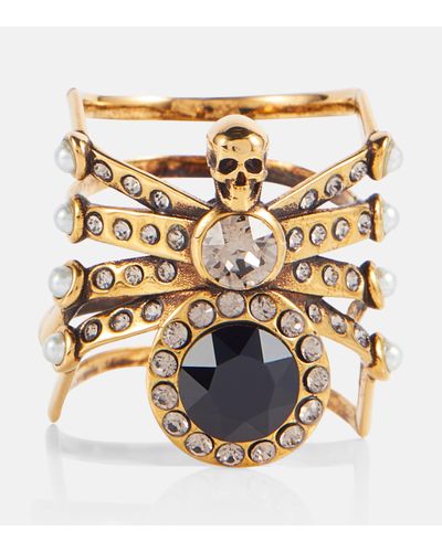 Alexander McQueen Bague En Métal Doré, Cristaux Et Perles Synthétiques Spider - Orange