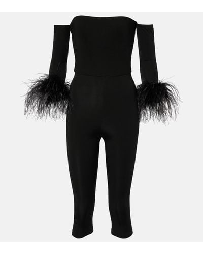 The New Arrivals Ilkyaz Ozel Feather-Trimmed Off-Shoulder Jumpsuit - Black