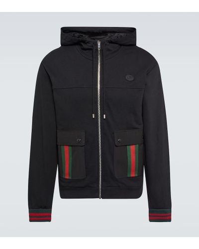 Gucci Brand-embroidered Striped-trim Regular-fit Cotton Hoody - Black